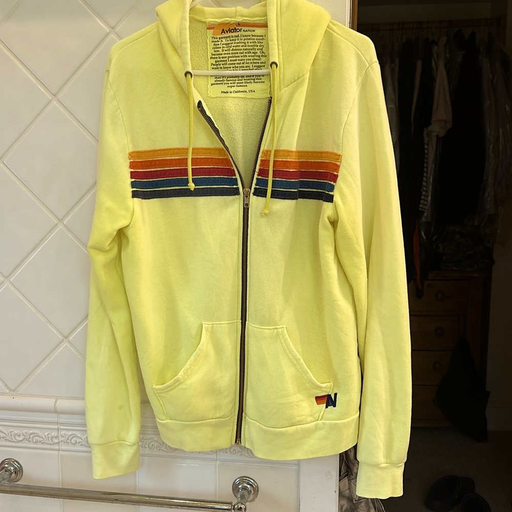 Aviator Nation limited edition neon yellow five stripe hoodie